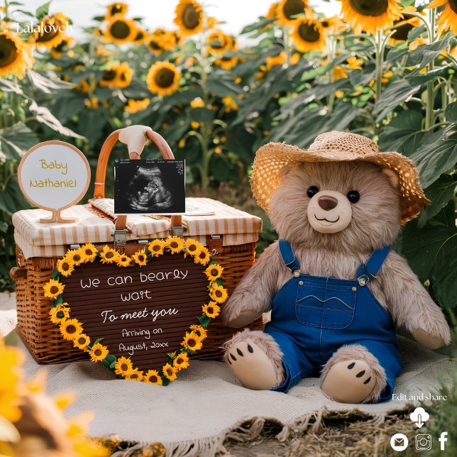 Graviditetsannonsering Solros teddybaby avslöjande Inbjudningar (Skapare uppladdad)