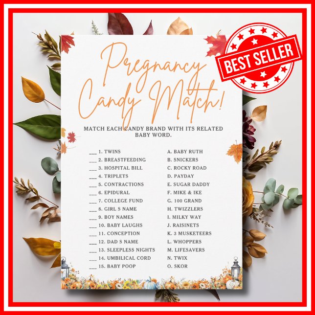 GRAVIDITETST CANDY MATCH Baby Shower-spel PUMPA Inbjudningar (PREGNANCY CANDY MATCH Easy Baby Shower Game A Little Pumpkin is on the Way Fall Autumn Theme)