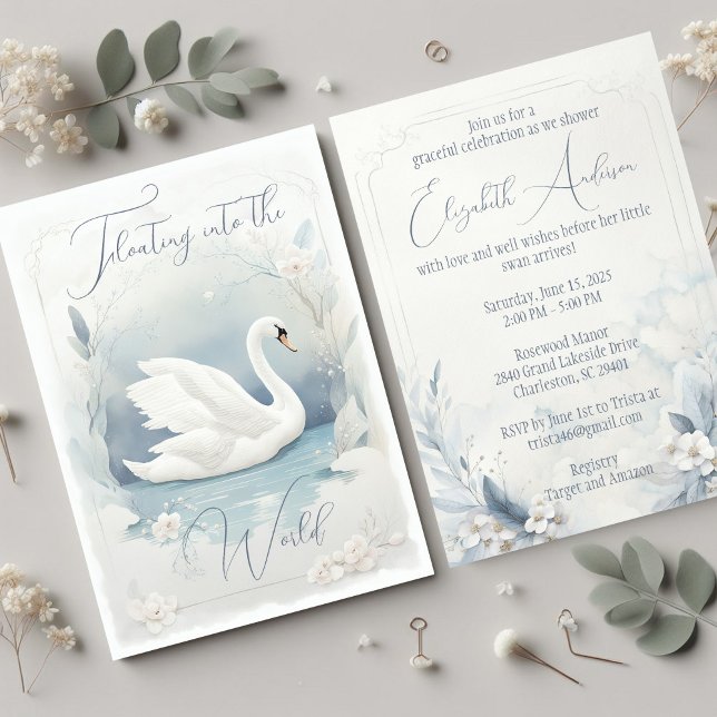 Gravisk inbjudan till Svan (The front and back of a soft watercolor swan baby shower invitation in pale blue and gray. )