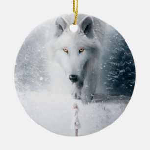Gråvit varg julgransprydnad keramik