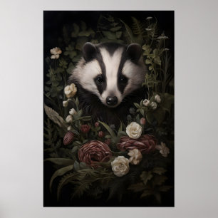 Grävling i blommig skogsutskrift, dyster Cottageco Poster