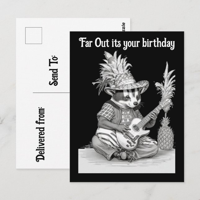 Grävling spelar gitarr med födelsedagspineapple vykort (Fram/baksida)