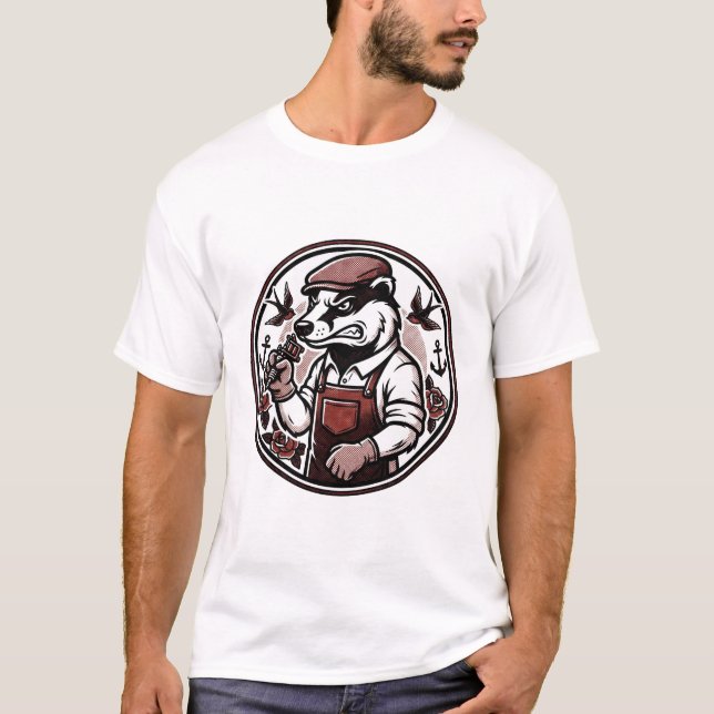 Grävling tatuering konstnär maskot t shirt (Framsida)