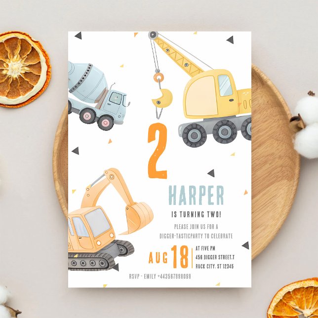Grävmaskiner och dumper 2-årsdag inbjudningar (Skapare uppladdad)