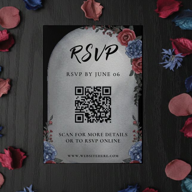 Gravsten Floral Gotisk Bröllop QR-kod RSVP Tilläggskort (Headstone Floral Gothic Wedding QR Code RSVP Enclosure Card
)