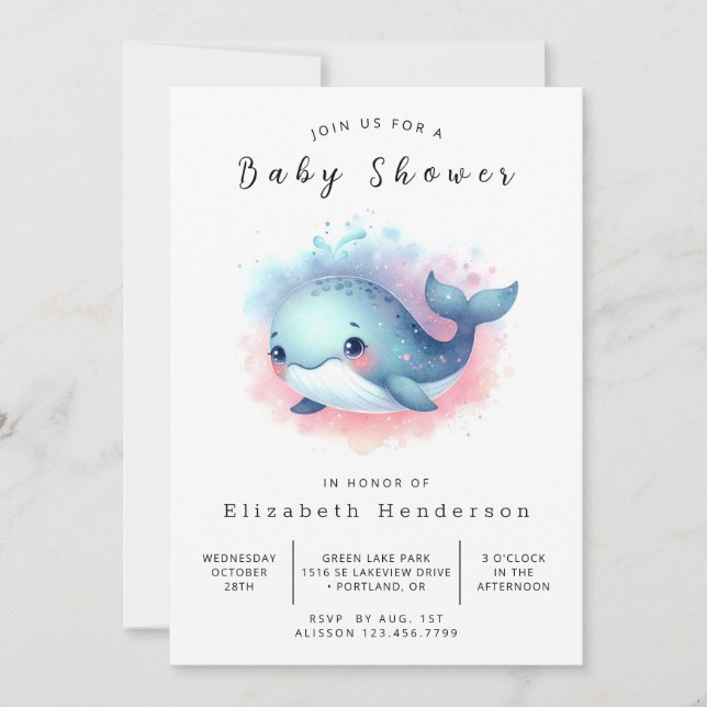 Gravt Anpassningsbar Whale Baby Shower Inbjudningar (Framsida)
