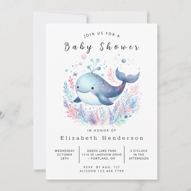 Gravt Anpassningsbar Whale Baby Shower Inbjudningar (Framsida)