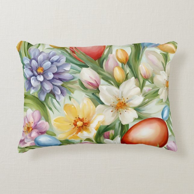 Gravt äpple-Blommar, tulpaner och Påskägg Prydnadskudde (Framsidan)