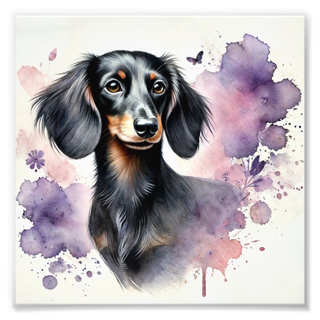 Gravt Dachshund Watercolor Fototryck (Framsidan)