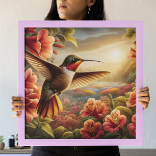 Gravt hummingbird Soaring ovanför blommande blomma Poster