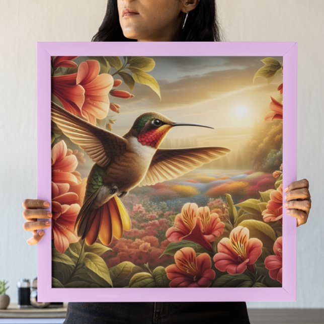 Gravt hummingbird Soaring ovanför blommande blomma Poster (Skapare uppladdad)