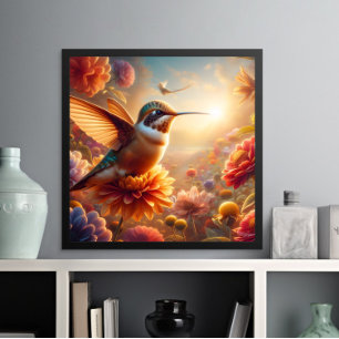 Gravt hummingbird Soaring ovanför blommande blomma Poster
