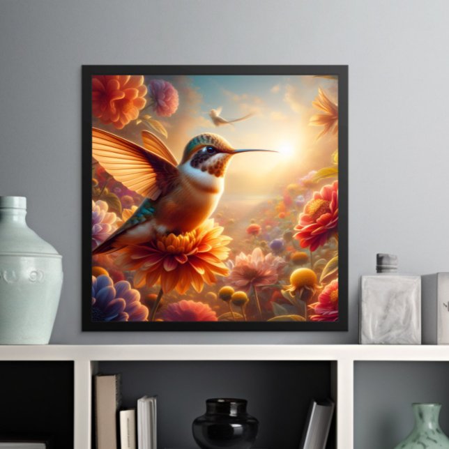 Gravt hummingbird Soaring ovanför blommande blomma Poster (Skapare uppladdad)