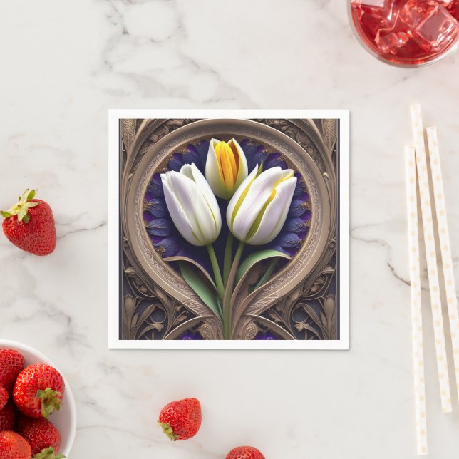 Gravt Kurvor: White Tulip i Art nouveau Design Pappersservett (Insitu)