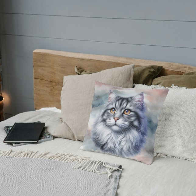 Gravt, lång katt i vattenfärg kudde (Skapare uppladdad)