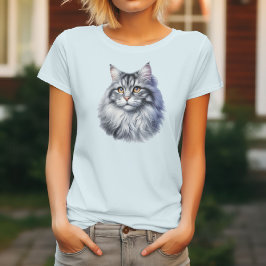 Gravt, lång katt i vattenfärg t shirt