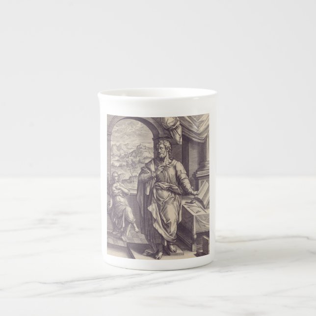 Gravyr av Matteus Den gudomliga inspirationen Benporslin Mugg (Framsidan)