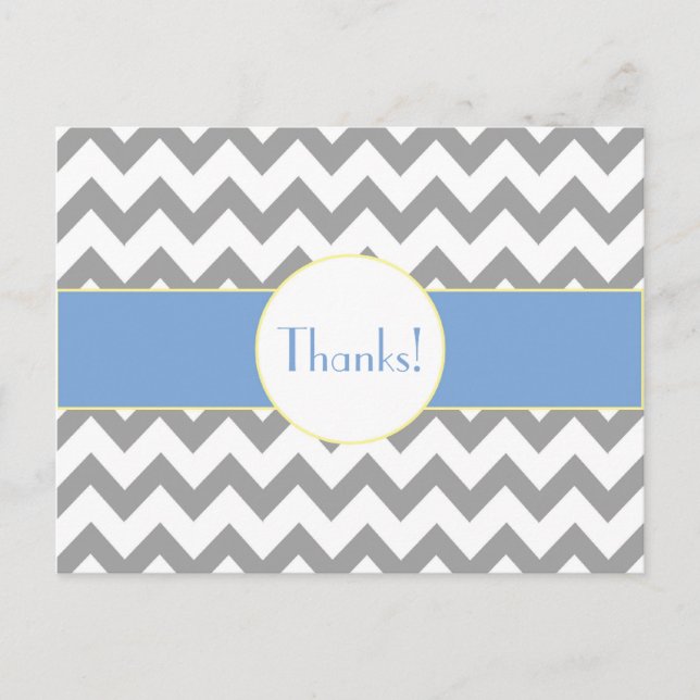 Gray and Blue Chevron Striped Monogram Thank You Vykort (Framsida)