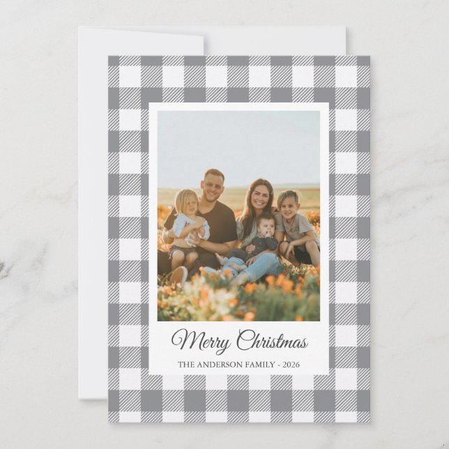 Gray and white buffalo plaid photo Holiday Card Julkort (Framsida)