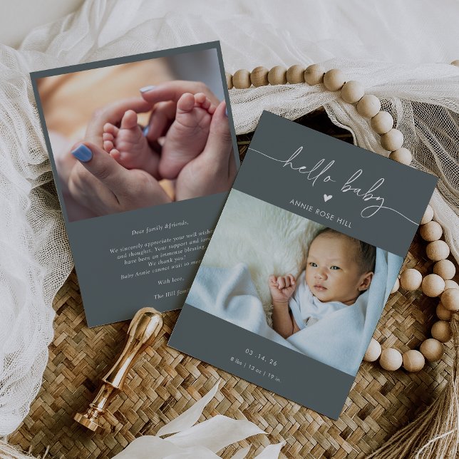 Gray Boho Photo Hello Baby Announcement Card Inbjudningar (Skapare uppladdad)