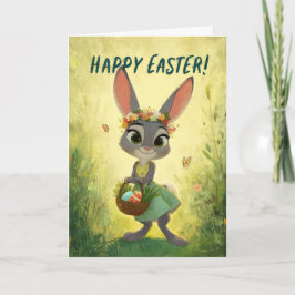 Gray Bunny Wearing Flower-Crown w/ Easter Basket Kort