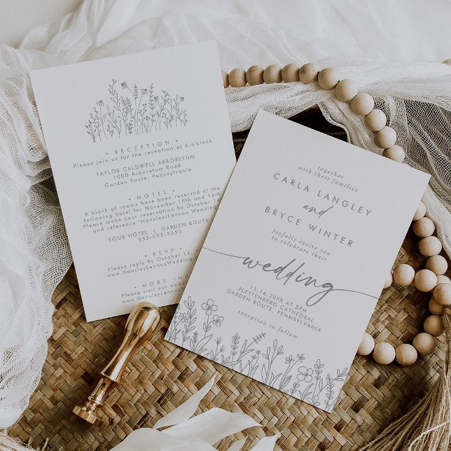 Gray Calligraphy Wildflower Front and Back Wedding Inbjudningar (Skapare uppladdad)