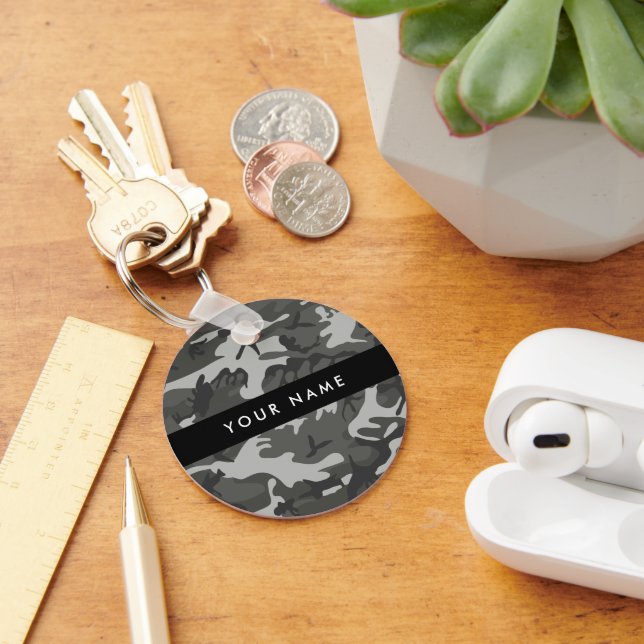 Gray Camouflage Pattern, ditt namn, anpassa Nyckelring (Skrivbord)