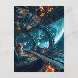 Gray cat in cockpit with Earth outside Helg Vykort