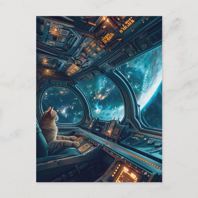 Gray cat in cockpit with Earth outside Helg Vykort (Framsida)