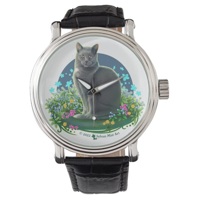 Gray Cat in the Flower Garden Armbandsur (Framsida)