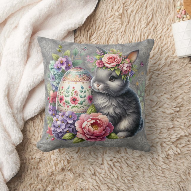 Gray Easter Bunny Damask Pattern Throw Pillow Kudde (Filt)