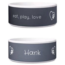 Gray 'eat, play, love' Dog Name Bowl