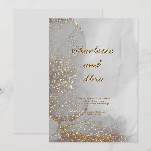 Gray Glitter Chic Alcohol Ink Wedding Invitation Inbjudningar (Fram/baksida)