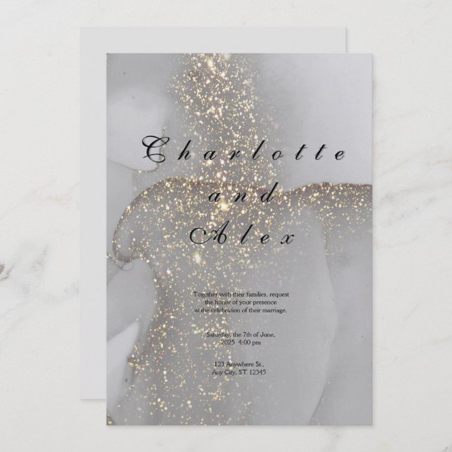 Gray Glitter Elegant  Ink Wedding Invitation Inbjudningar (Fram/baksida)