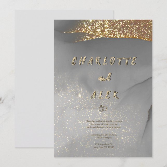 Gray Gold Glitter Chic Ink Wedding Invitation Inbjudningar (Fram/baksida)