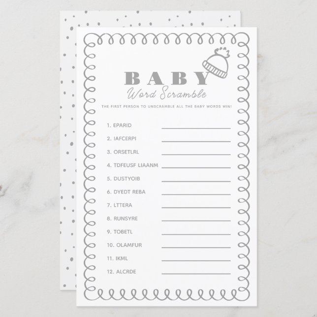 Gray Hand-Drawn Beanie Baby Word Scramble (Fram/baksida)