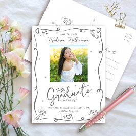 Gray Hand Drawn Doodles Save the Date Grad Photo Inbjudan Vykort