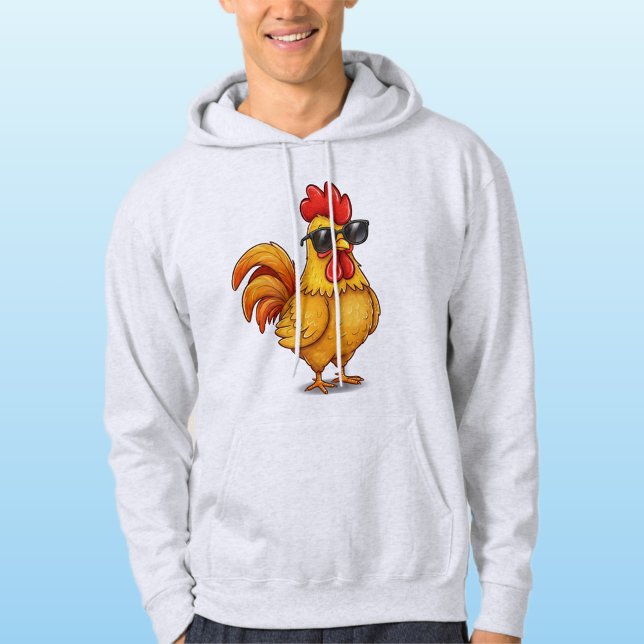 Gray Hoodie for Him with Cute Rooster and Glasses  (Skapare uppladdad)