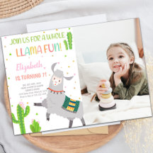 Gray Llama Birthday Invitations with photo