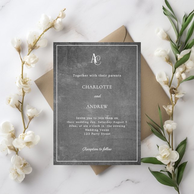 Gray modern monogram rustic wedding inbjudningar (Skapare uppladdad)