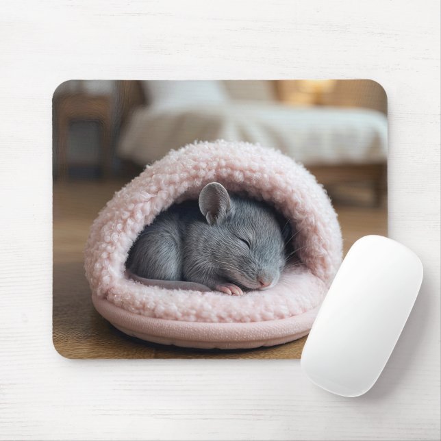 Gray Mouse Sleeping in a Pink Slipper Musmatta (Med mus)