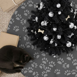 Gray Pet Paw Print Pattern Christmas Tree Skirt Julgransmatta Borstad Polyester