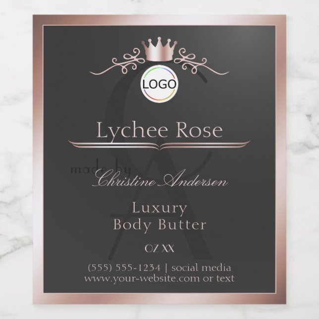 Gray Product Label Rose Gold Frame Logo Monogram Vinflaska Etikett (Singel etikett)