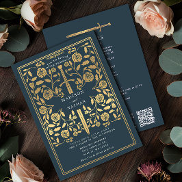 Gray Royal Medieval Gold Sword Wedding QR Code Inbjudningar
