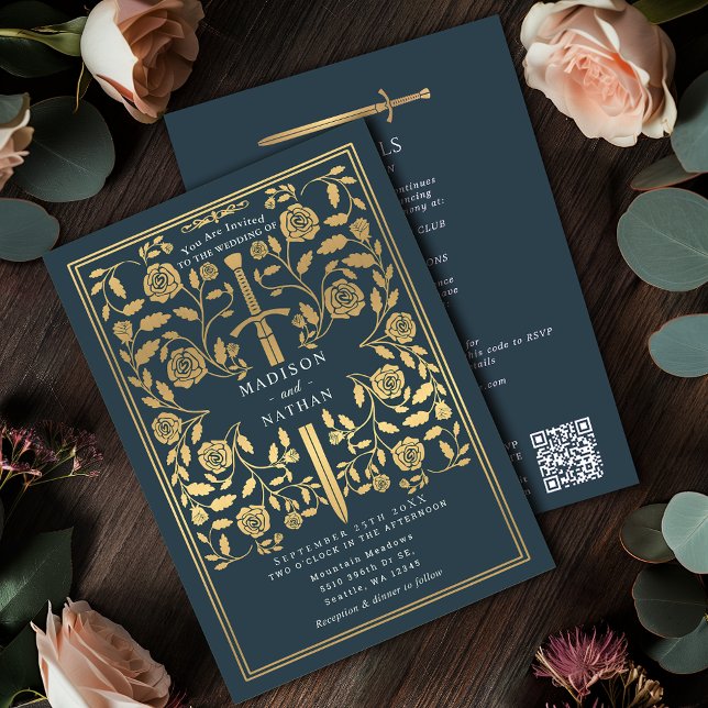 Gray Royal Medieval Gold Sword Wedding QR Code Inbjudningar (Skapare uppladdad)