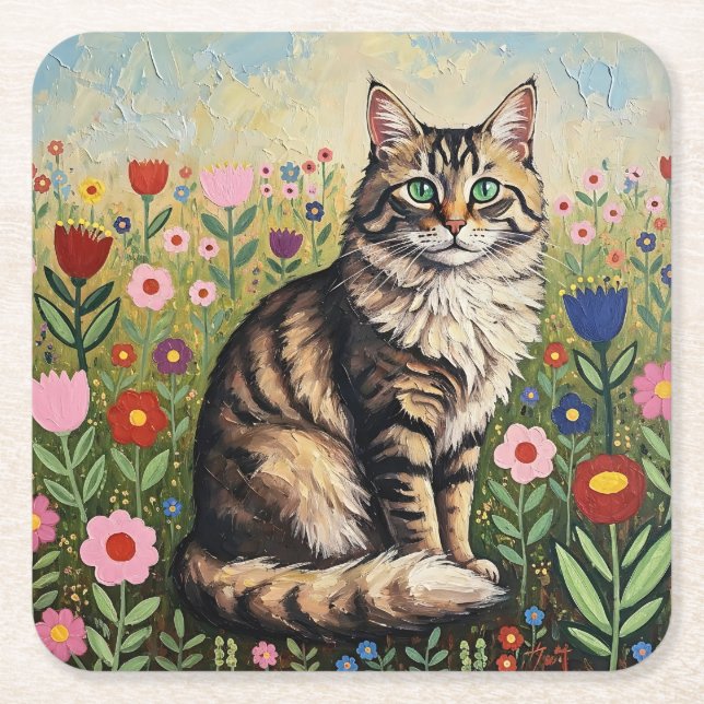 Gray Tabby Cat and Folk Art Flowers  Underlägg Papper Kvadrat (Framsidan)