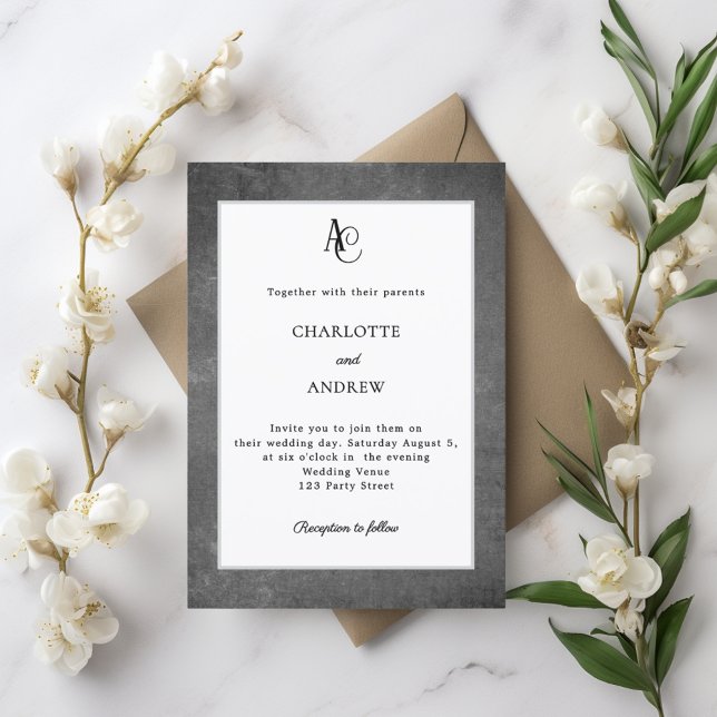 Gray white modern monogram rustic wedding inbjudningar (Skapare uppladdad)