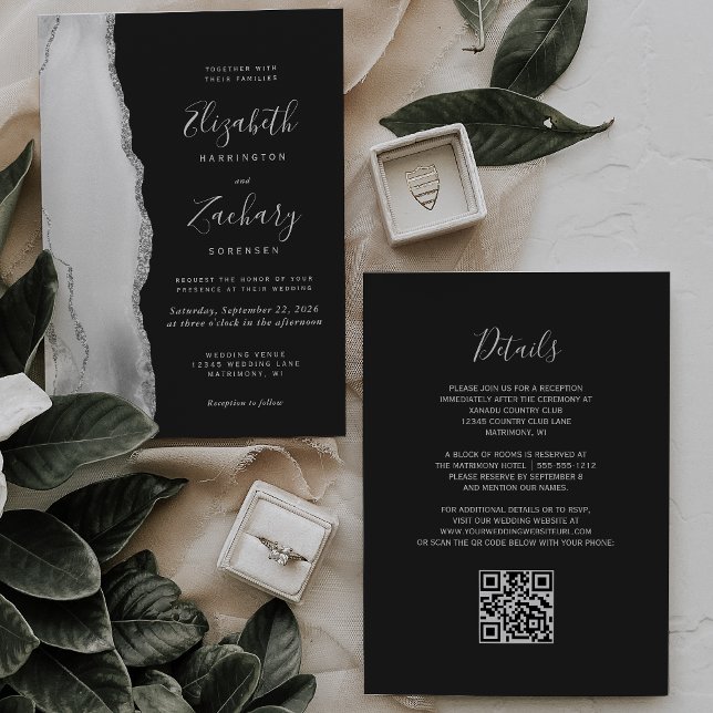 Gray White Silver Agate Slate QR Code Wedding Inbjudningar (Skapare uppladdad)