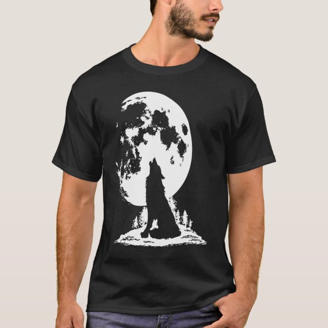 Gray Wolf Howling at Moon T Shirt (Framsida)