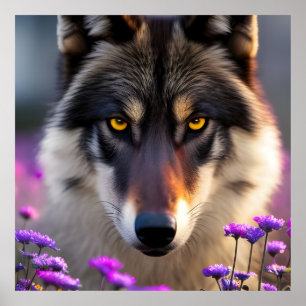 Gray wolf Stare - pink and purple flowers   Poster
